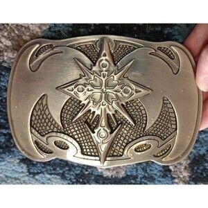 HUGE SIZED WINGED SPIKED CROSS FANTASY BELT BUCKLE